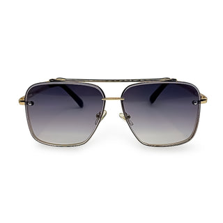 Sunglasses with gold frame and gradient lenses on a white background