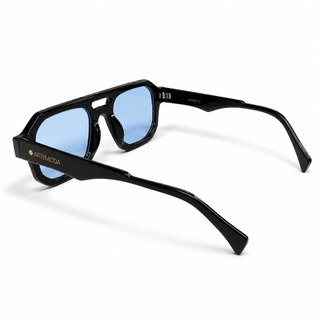 Black sunglasses with blue lenses on a white background