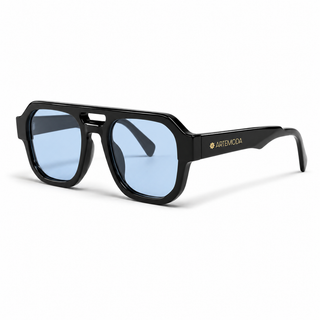Black sunglasses with blue lenses on a white background
