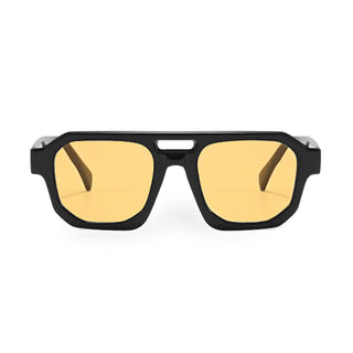 Sunglasses with black frame and yellow lenses on a white background