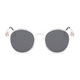 Round sunglasses with clear frame and dark lenses on a white background