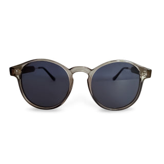 Round grey sunglasses with dark lenses on a white background