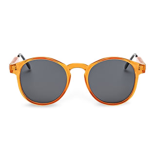 Orange round sunglasses with dark lenses on a white background