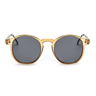 tan framed sunglasses with dark lenses on a white background