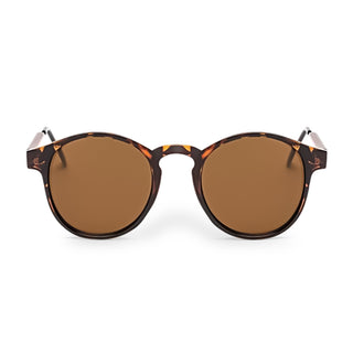 Round sunglasses with tortoiseshell frame and brown lenses on a white background