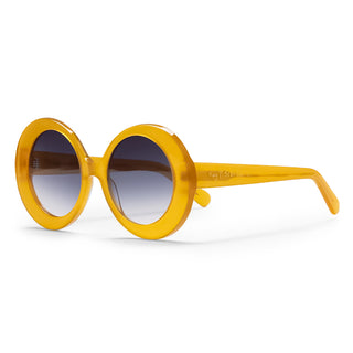Yellow sunglasses with a white background