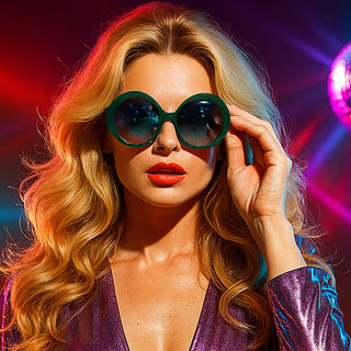 Woman in a shiny purple outfit with large sunglasses in a disco setting