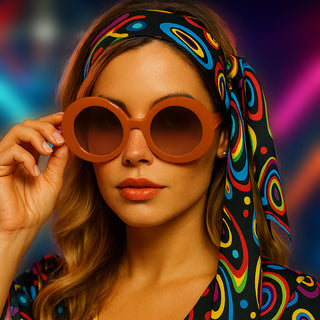 Woman wearing a colorful headscarf and sunglasses with a vibrant, abstract background