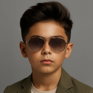 Young boy wearing aviator sunglasses and a green blazer against a gray background