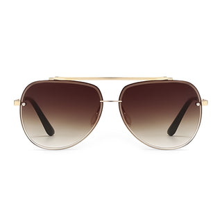 Aviator sunglasses with gold frame and brown gradient lenses on a white background