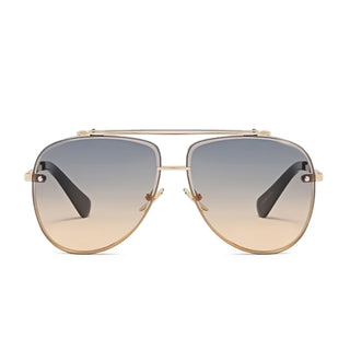 Aviator sunglasses with gold frame and gradient lenses on a white background