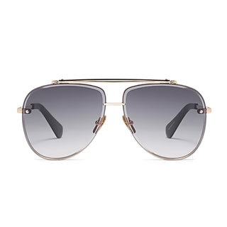 Aviator sunglasses with gold frame and gray gradient lenses on a white background