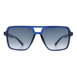 Blue aviator-style sunglasses with a translucent blue frame and gradient gray lenses, shown against a plain white background.