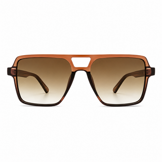 A pair of oversized square sunglasses with a translucent orange-brown acetate frame and brown gradient lenses, shown against a plain white background.
