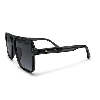 Black sunglasses with a visible brand logo on a white background