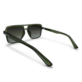 Green sunglasses with dark gradient lenses on a white background