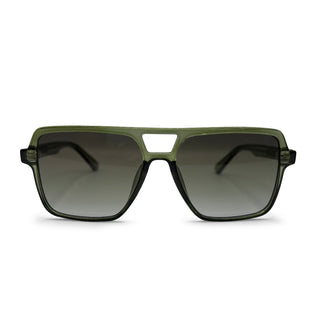 Green sunglasses with dark lenses on a white background