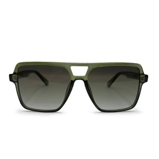 Sunglasses with green frame and dark lenses on a white background