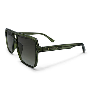 Green sunglasses with a brand logo on a white background