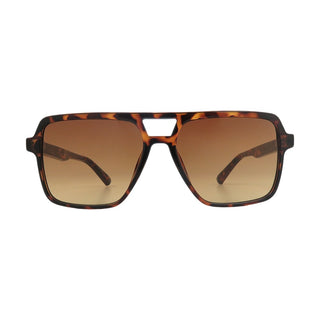 Sunglasses with tortoiseshell frame and brown lenses on a white background