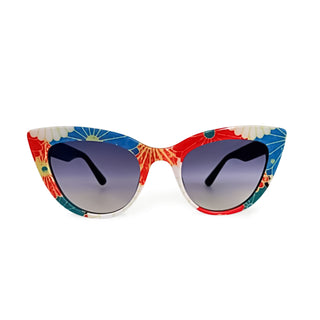 Colorful cat-eye sunglasses with floral pattern on a white background