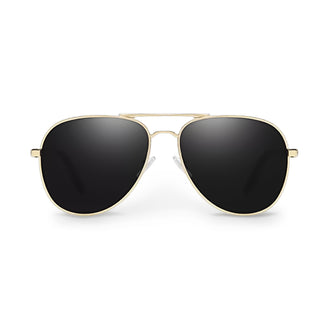 Aviator sunglasses with gold frame and black lenses on a white background