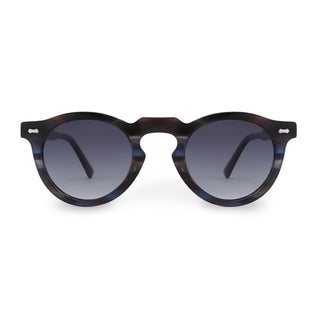 Sunglasses with a black and blue frame on a white background