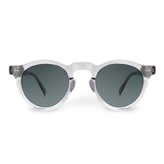 Sunglasses with clear frame and dark lenses on a white background