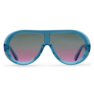 Blue sunglasses with gradient lenses on a white background