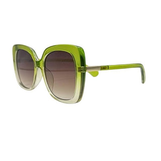 Sunglasses with green frame and gradient lenses on a white background