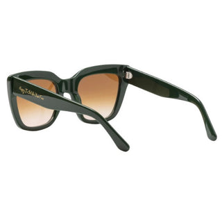 Sunglasses with green frame and brown gradient lenses on a white background
