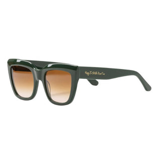 Green sunglasses with brown gradient lenses on a white background