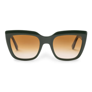 Sunglasses with green frame and brown gradient lenses on a white background
