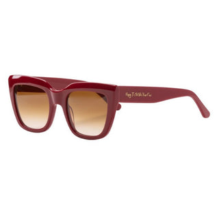 Red sunglasses with gradient lenses on a white background